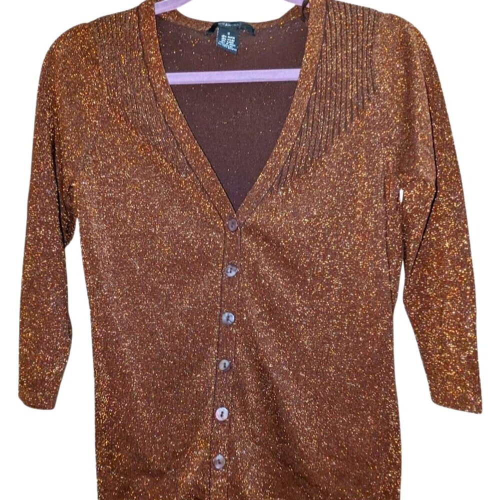 89th & Madison Copper Bronze Sparkle Button Up V-Neck 3/4 Sleeve Cardigan Size S